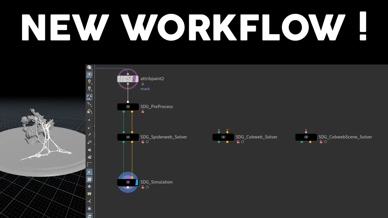 Published Houdini network showing preprocessing, spiderweb, cobweb and simulation HDAs