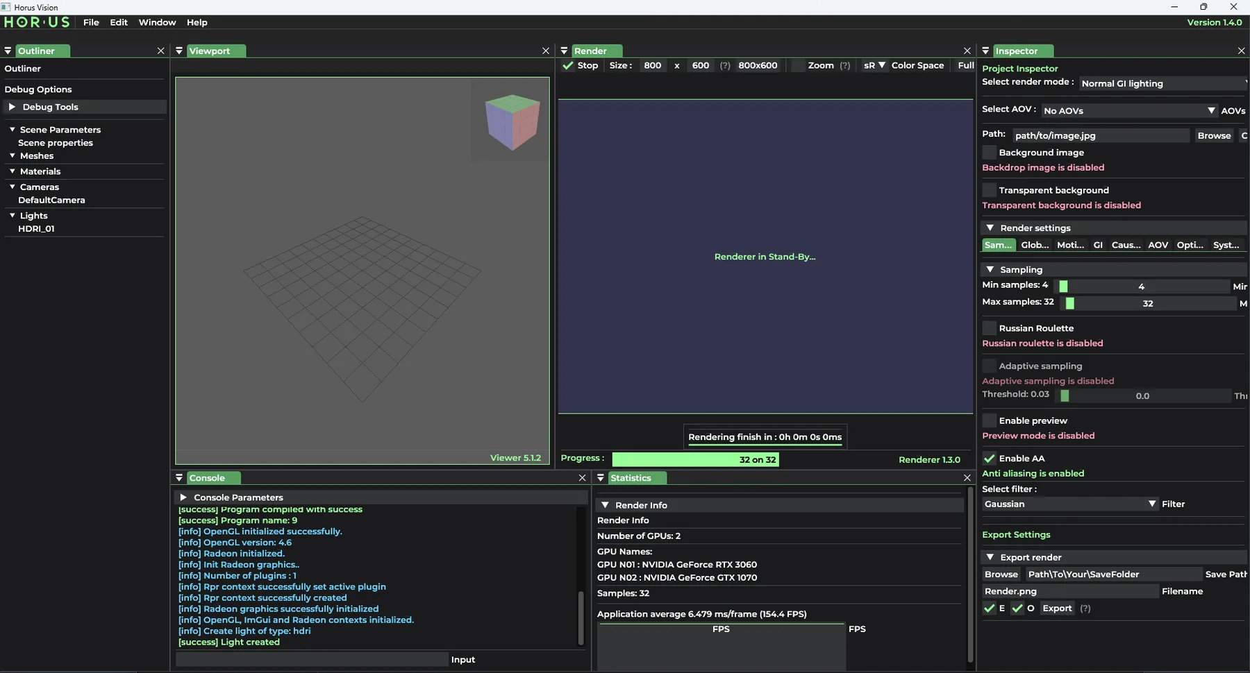 Horus Vision interface with viewport, object list, inspector and console