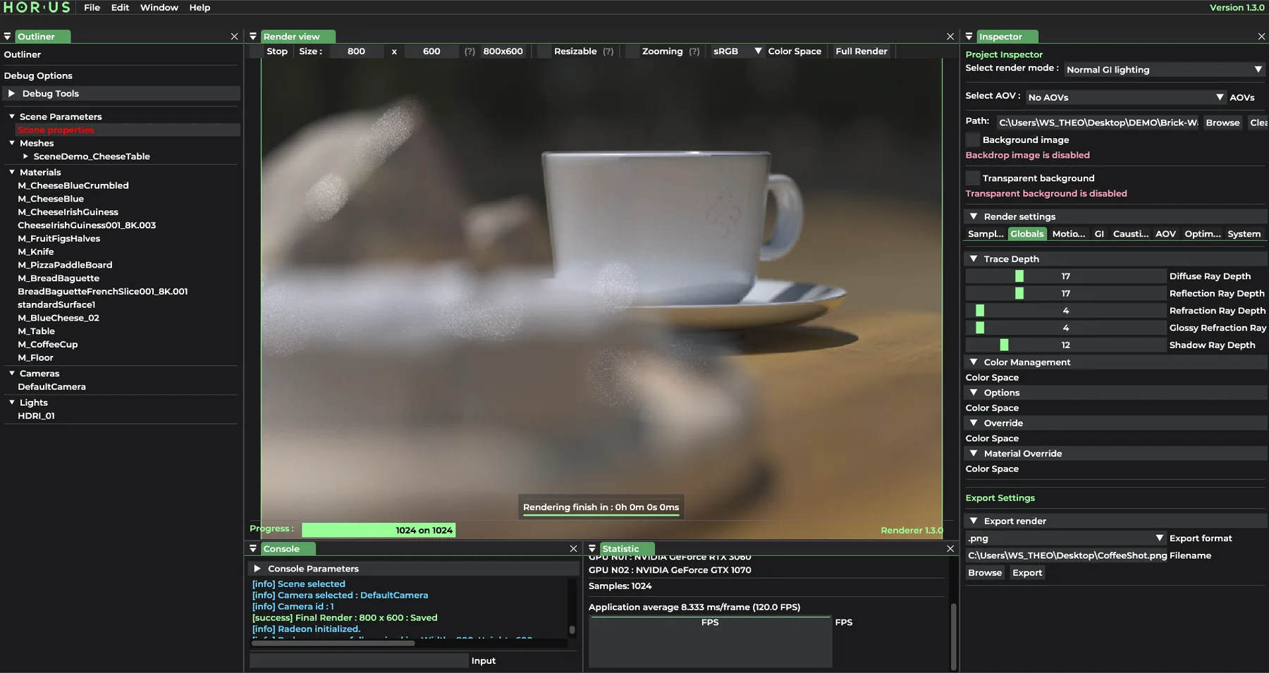 Coffee scene rendered through the Horus Vision learning project